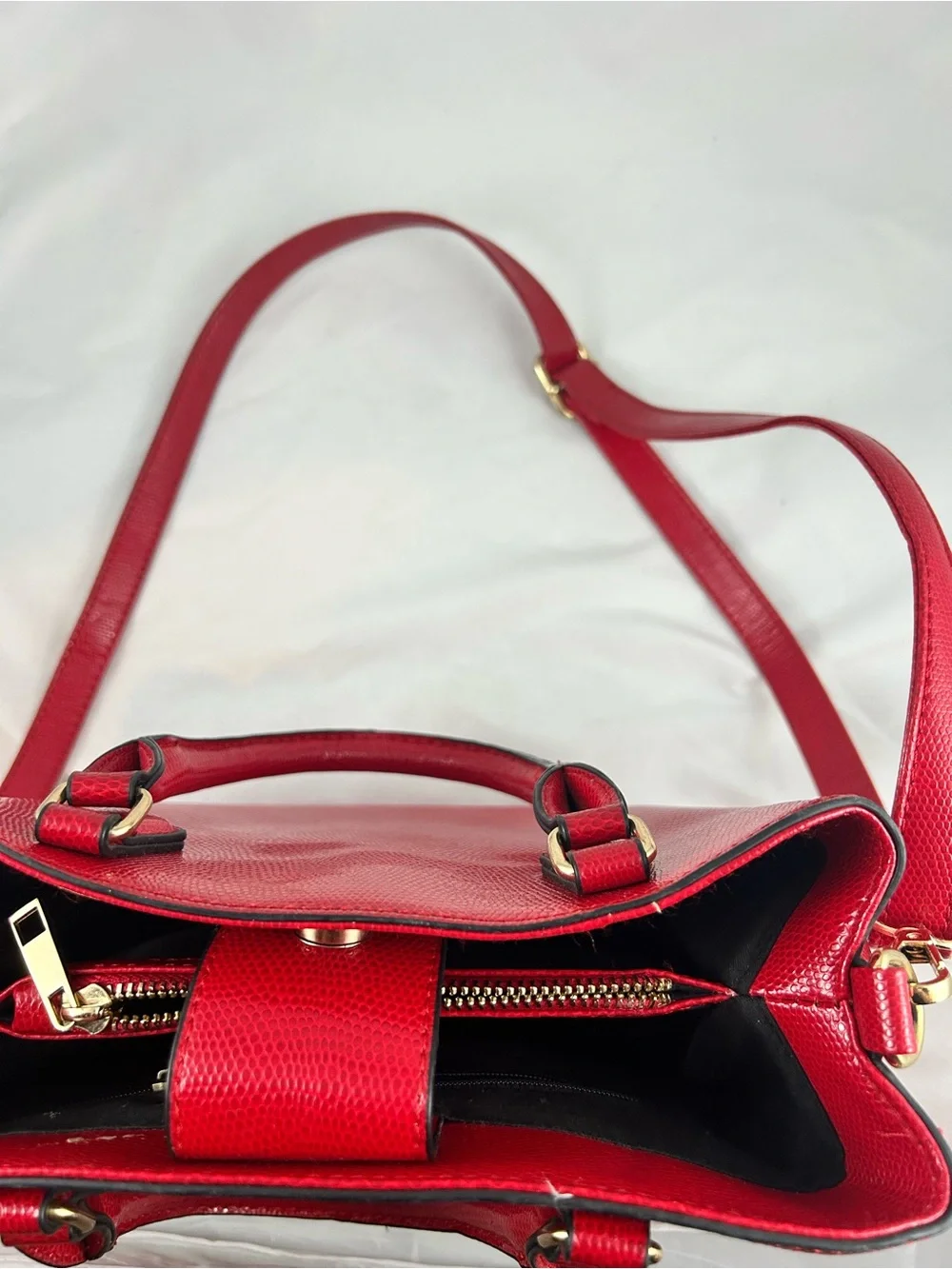 Red Structured Leather Satchel Handbag